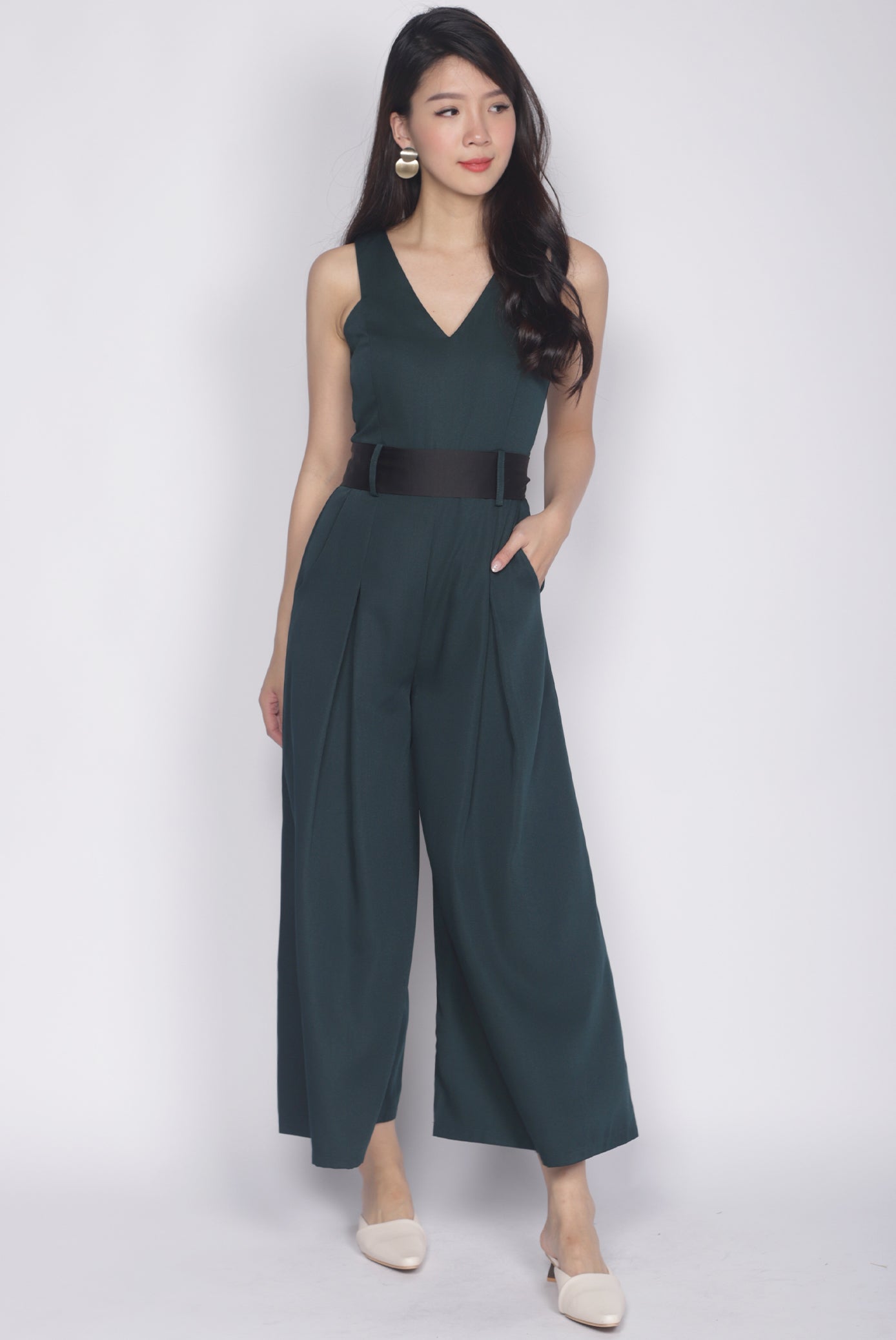 *Premium* TDC Hermione Flare Sash Jumpsuit In Forest Green