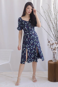 TDC Noelle Zip Slit Midi Dress In Navy Floral