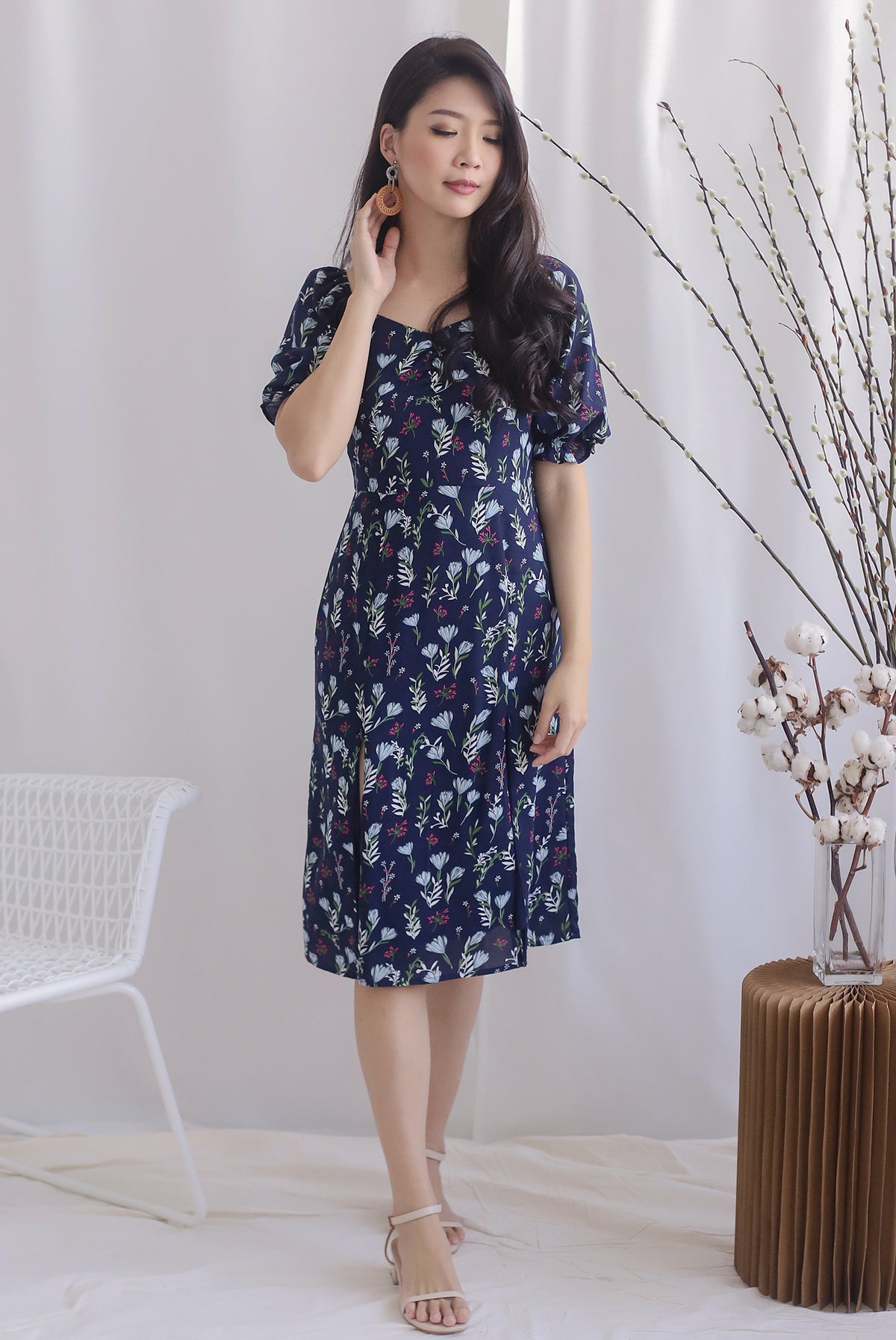 TDC Noelle Zip Slit Midi Dress In Navy Floral