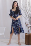 TDC Noelle Zip Slit Midi Dress In Navy Floral