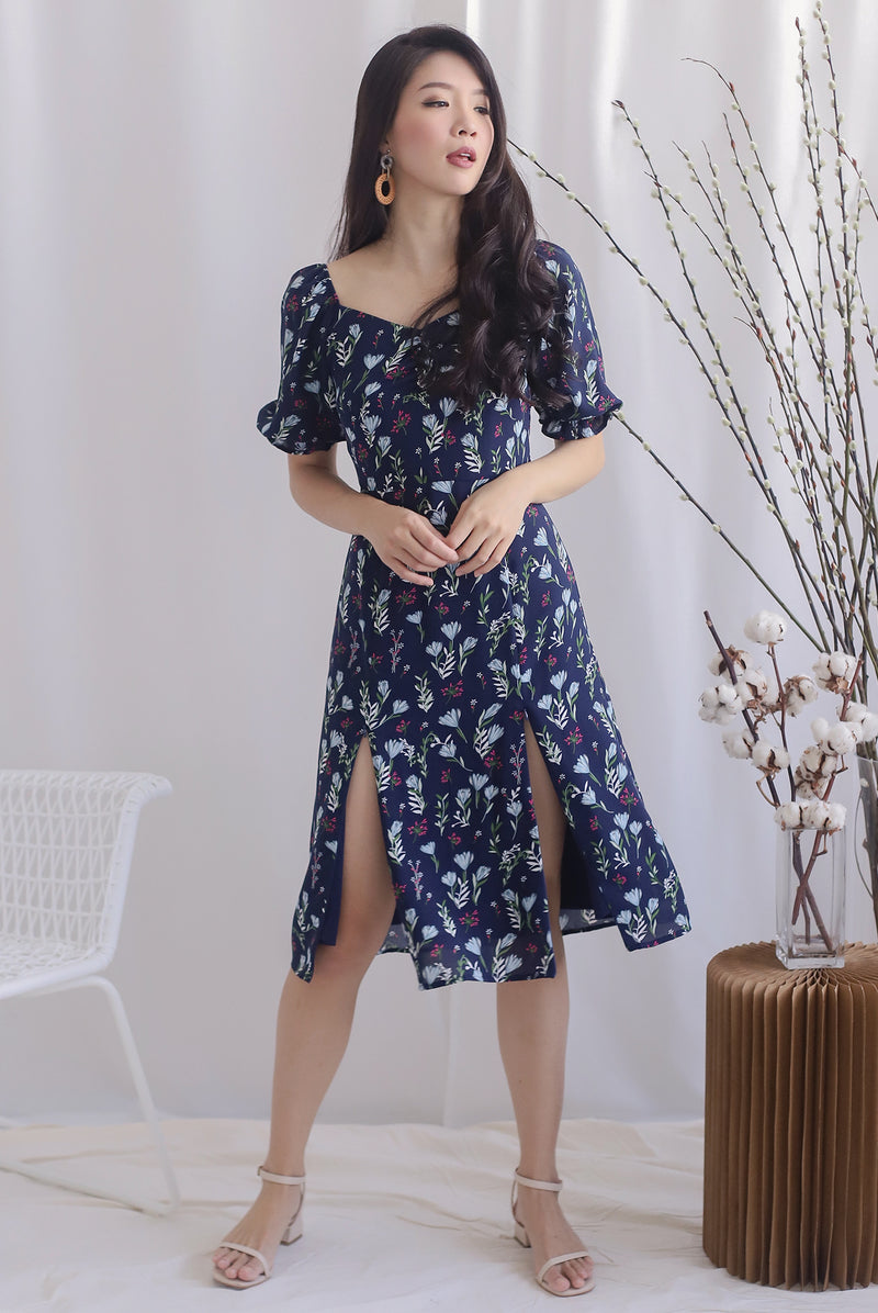 TDC Noelle Zip Slit Midi Dress In Navy Floral