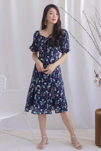TDC Noelle Zip Slit Midi Dress In Navy Floral