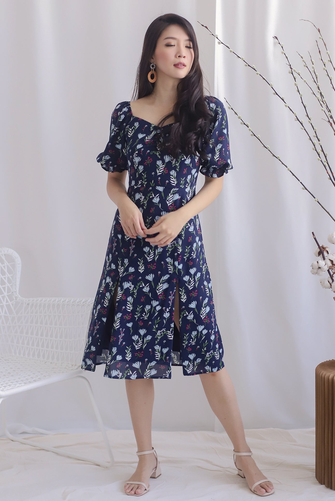 TDC Noelle Zip Slit Midi Dress In Navy Floral
