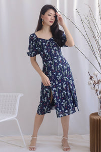 TDC Noelle Zip Slit Midi Dress In Navy Floral