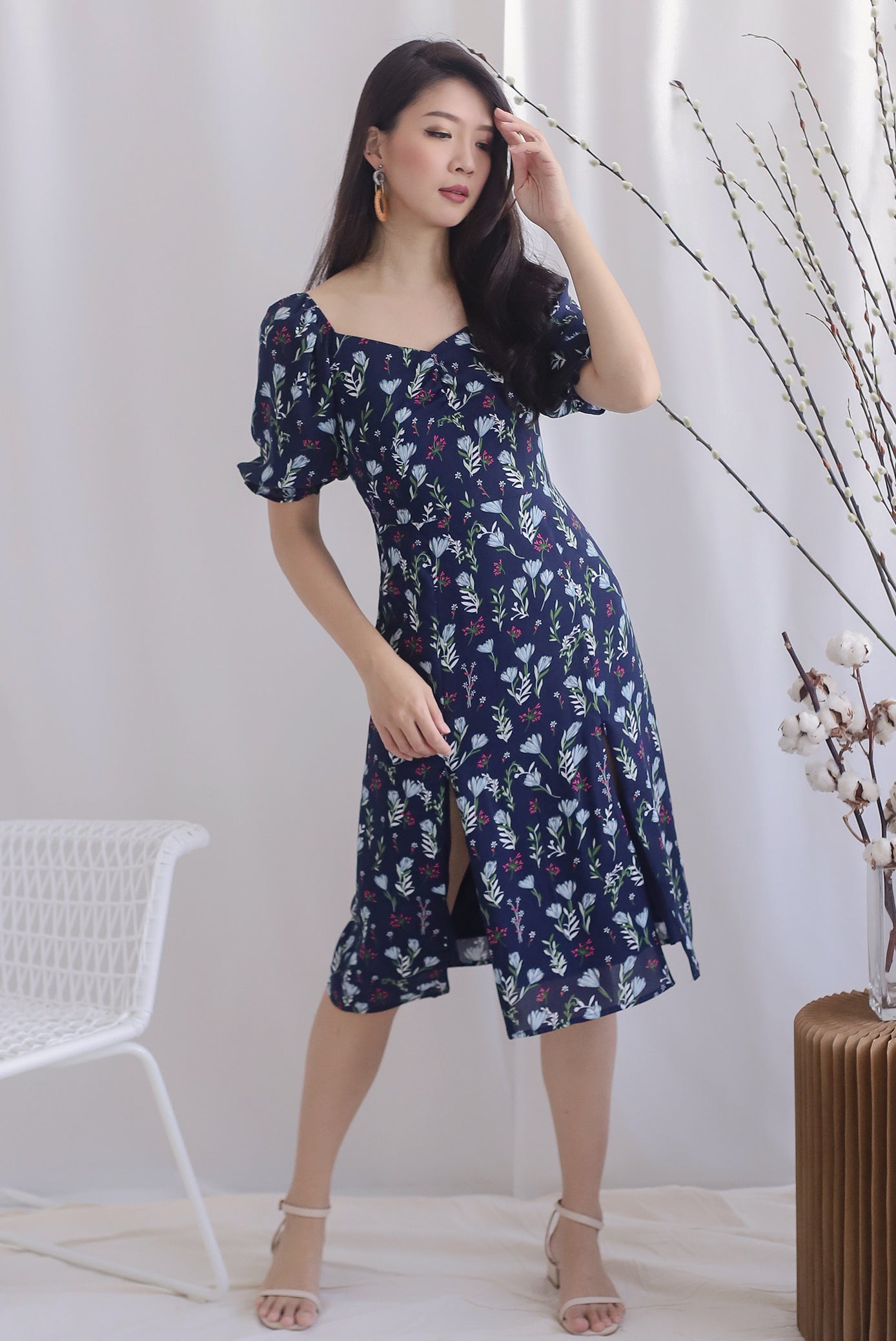 TDC Noelle Zip Slit Midi Dress In Navy Floral