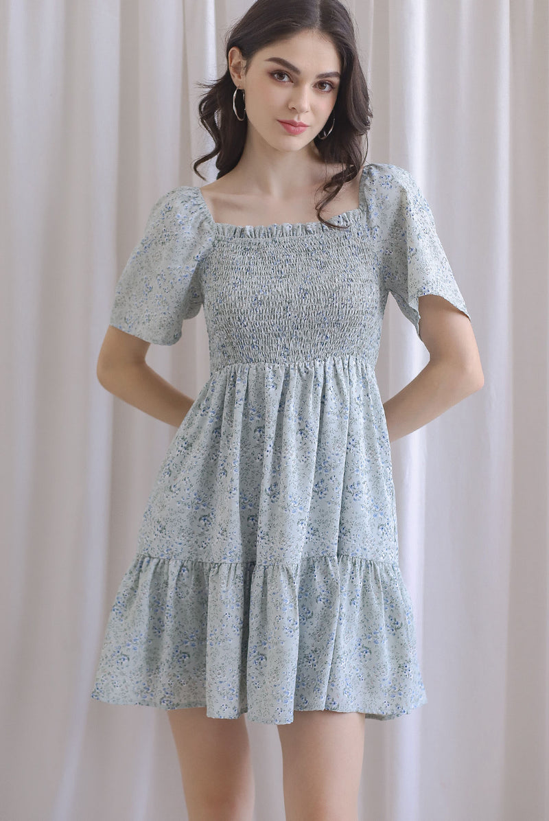 TDC Trinny Flutter Sleeve Smock Dress In Sage Floral