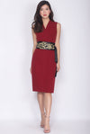 *Premium* TDC Aisha Oriental Obi Belt Pencil Dress In Wine Red