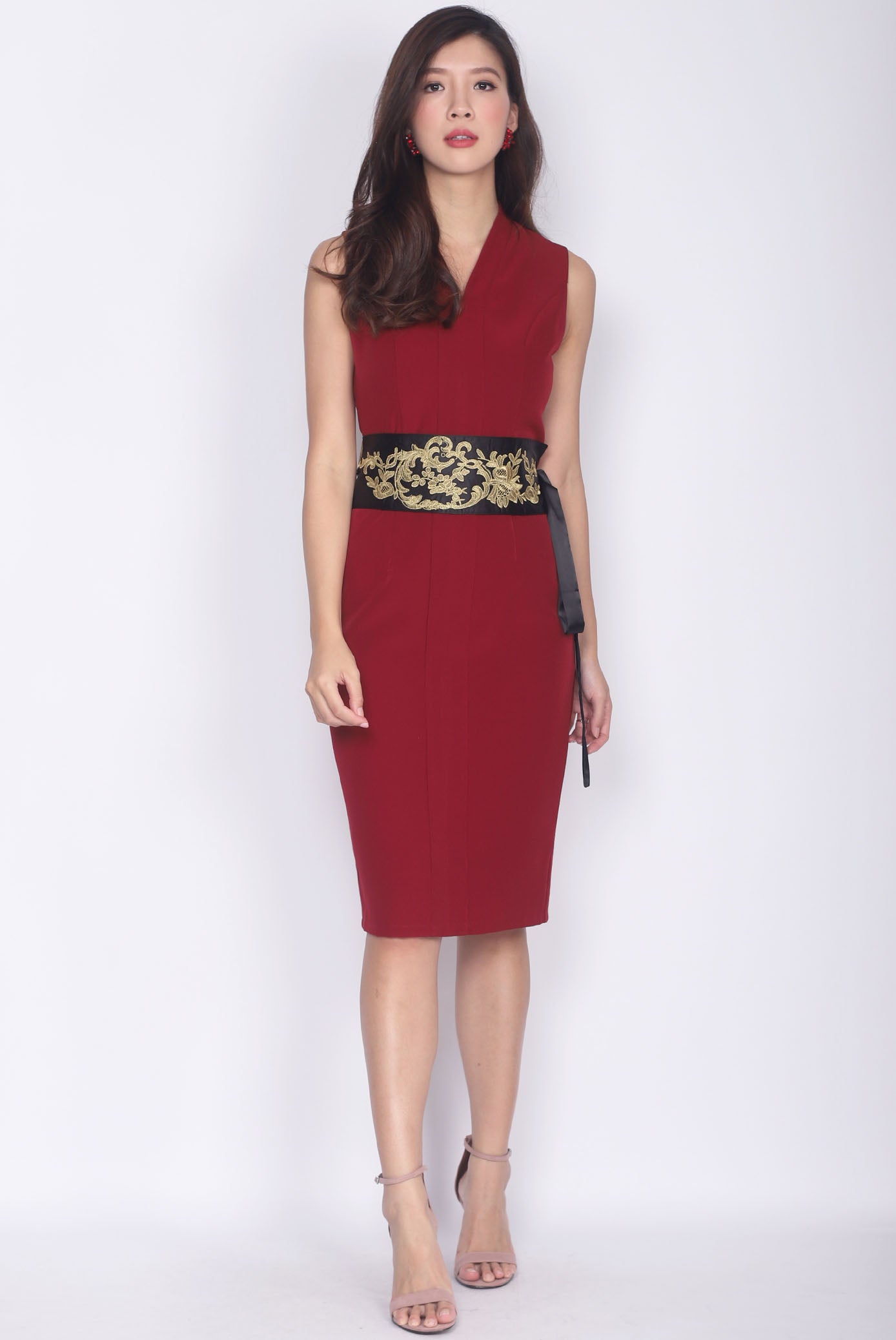 *Premium* TDC Aisha Oriental Obi Belt Pencil Dress In Wine Red