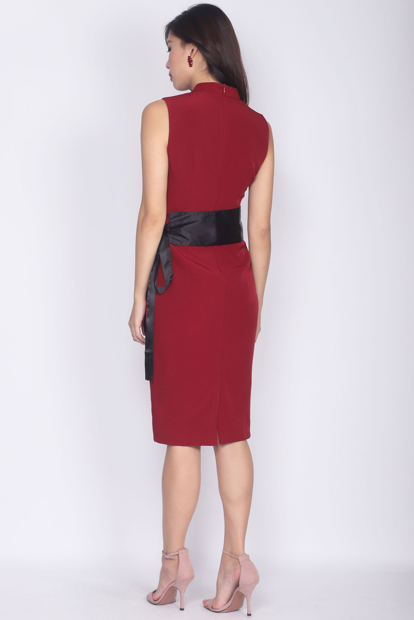 *Premium* TDC Aisha Oriental Obi Belt Pencil Dress In Wine Red - Size XS *Premium* TDC Aisha Oriental Obi Belt Pencil Dress In Wine Red - Size XS