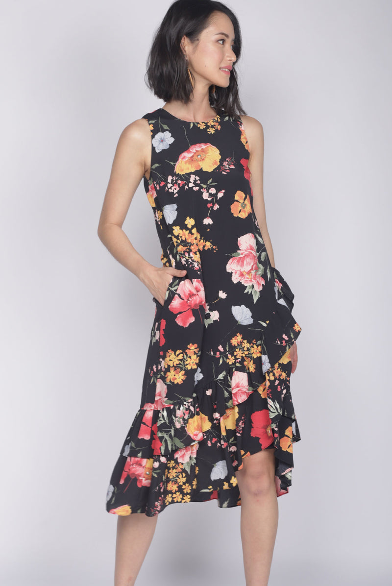 TDC Cimorene Ruffle Tiered Midi Dress In Black Floral