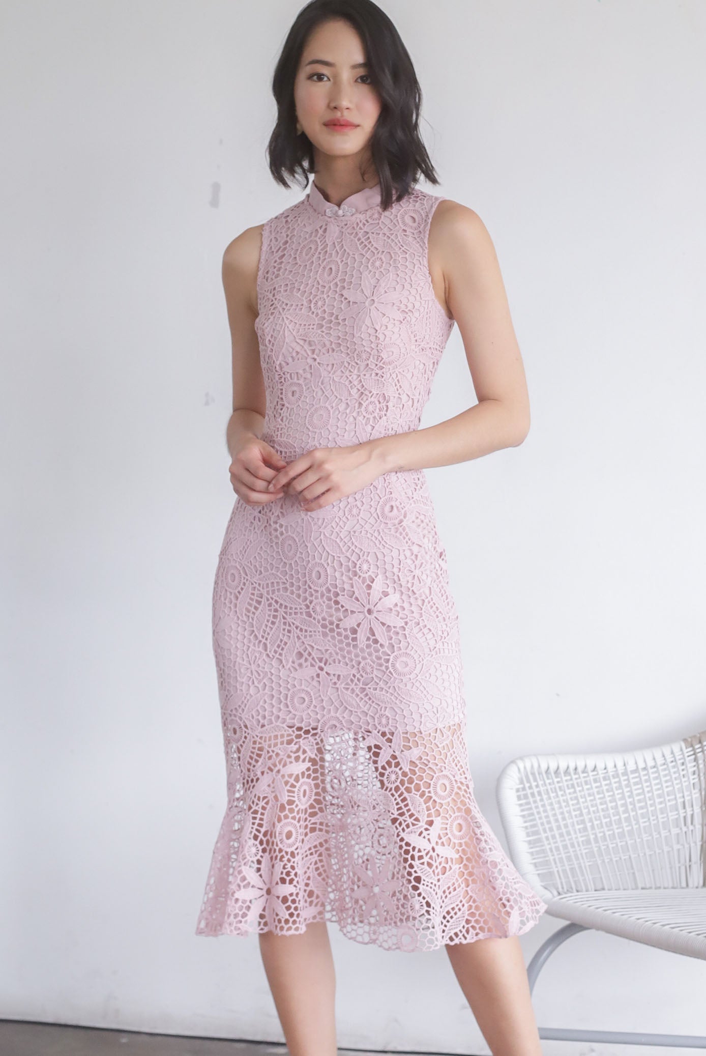 Premium* TDC Greisy Crochet Removable Oriental Collar Dress In Blush The Design Closets Premium* TDC Greisy Crochet Removable Oriental Collar Dress In Blush The Design Closets