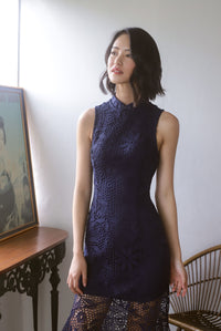 *Premium* TDC Greisy Crochet Removable Oriental Collar Dress In Navy Blue