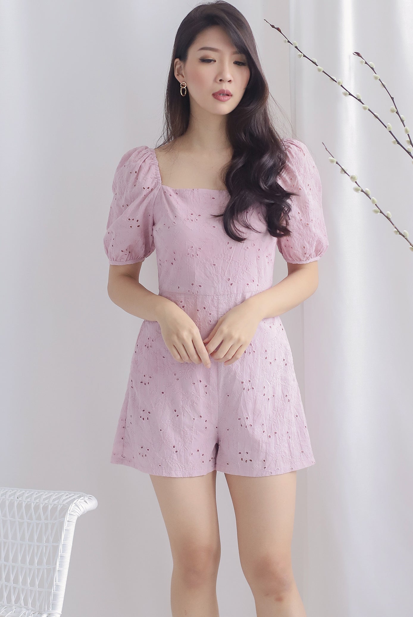Thelia Eyelet Puffy Sleeve Romper In Blush