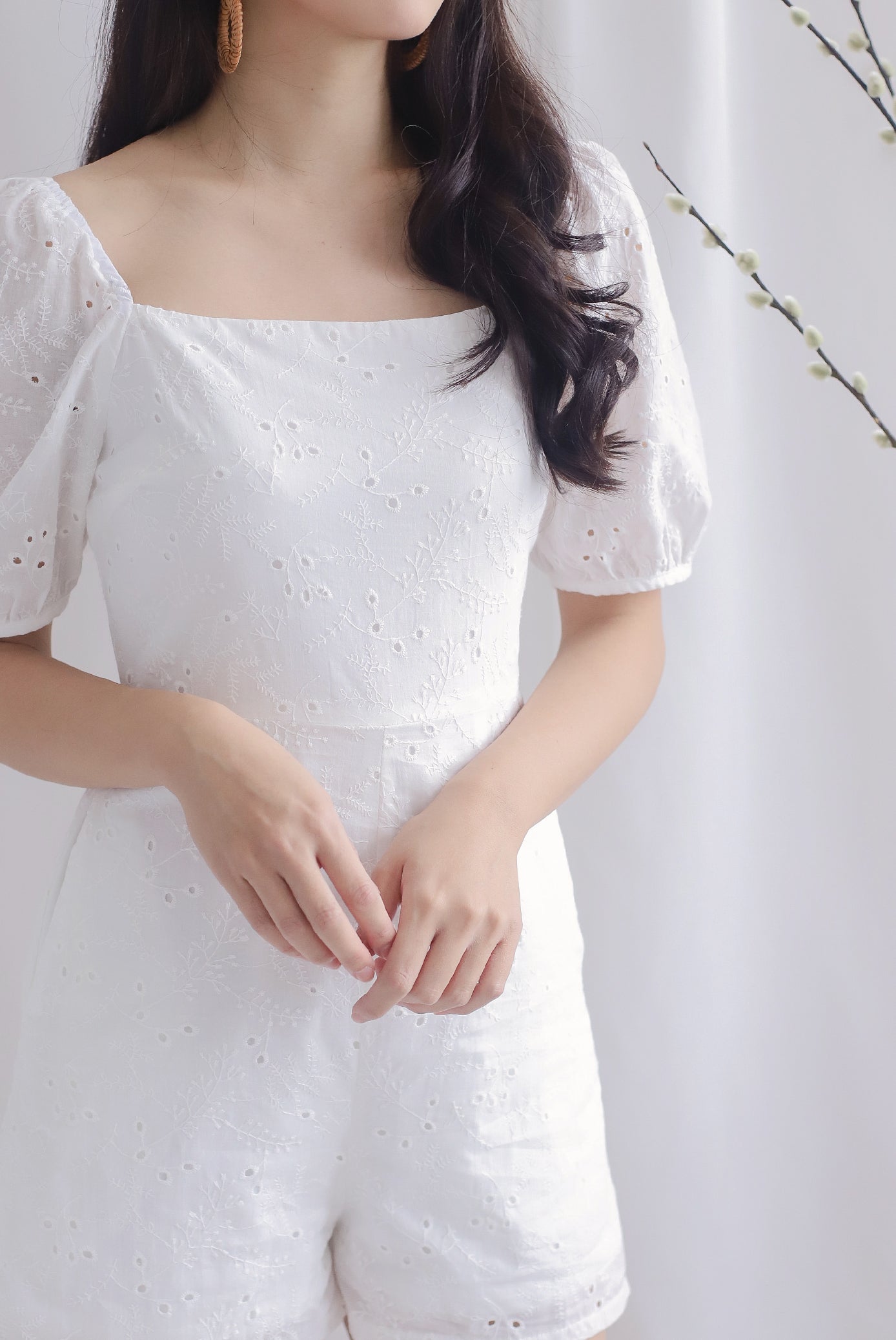 Thelia Eyelet Puffy Sleeve Romper In White