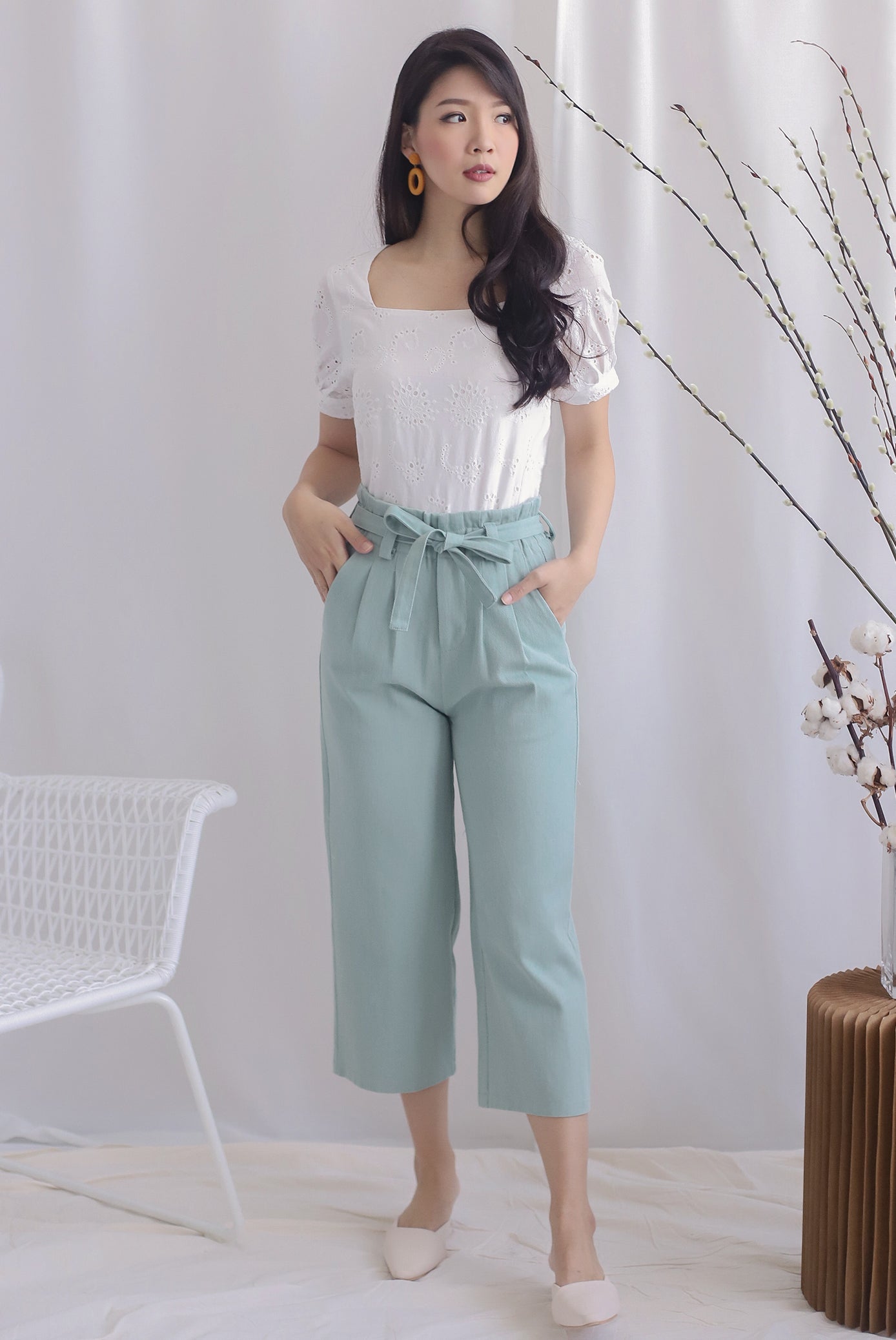 Tiago Paperbag Denim Culottes In Seafoam