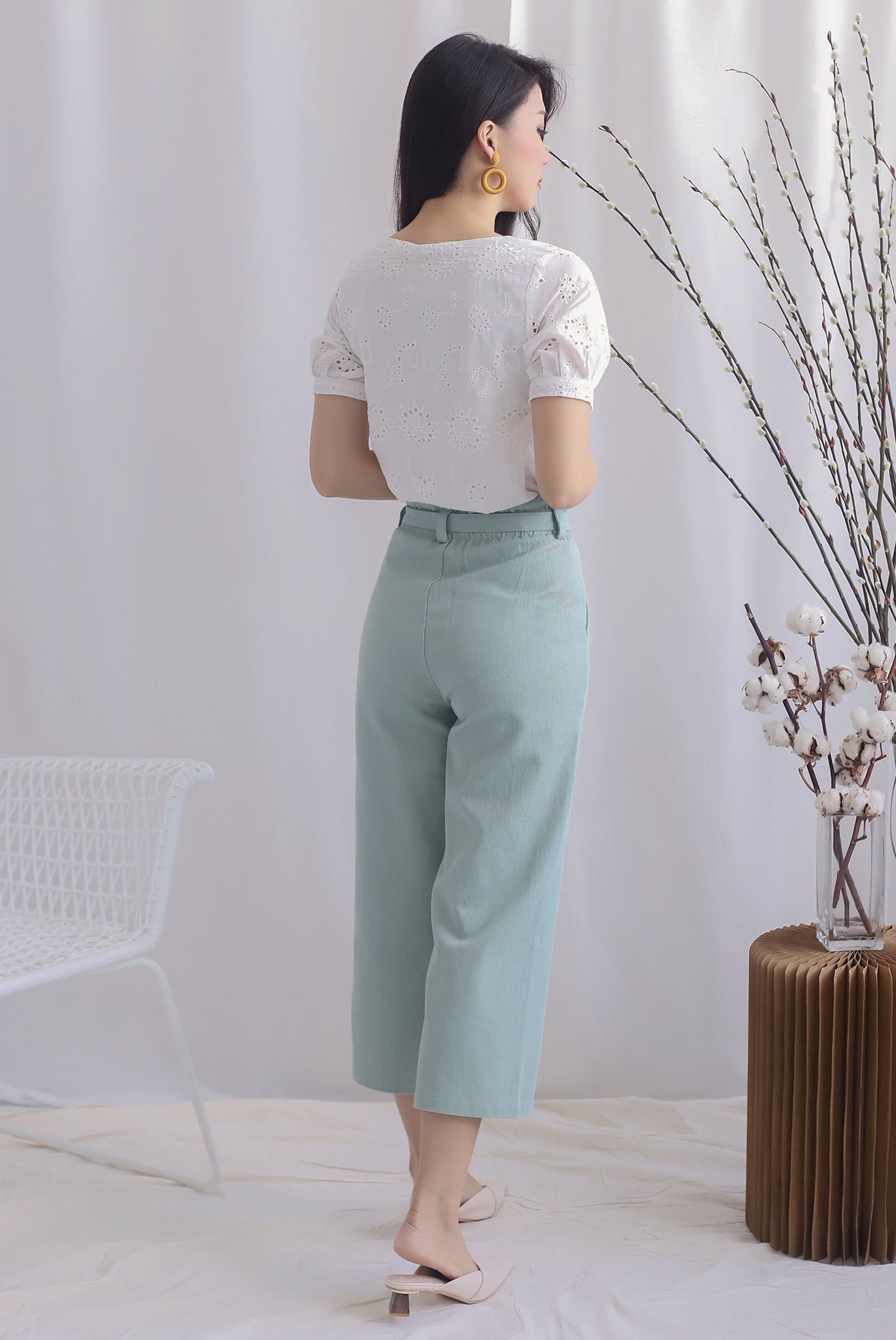 Tiago Paperbag Denim Culottes In Seafoam