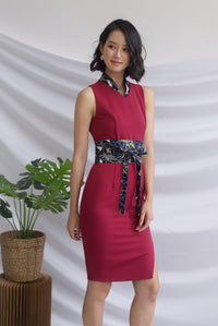 *Premium* Tulisa Removable Oriental Collar Obi Belt Dress In Wine Red
