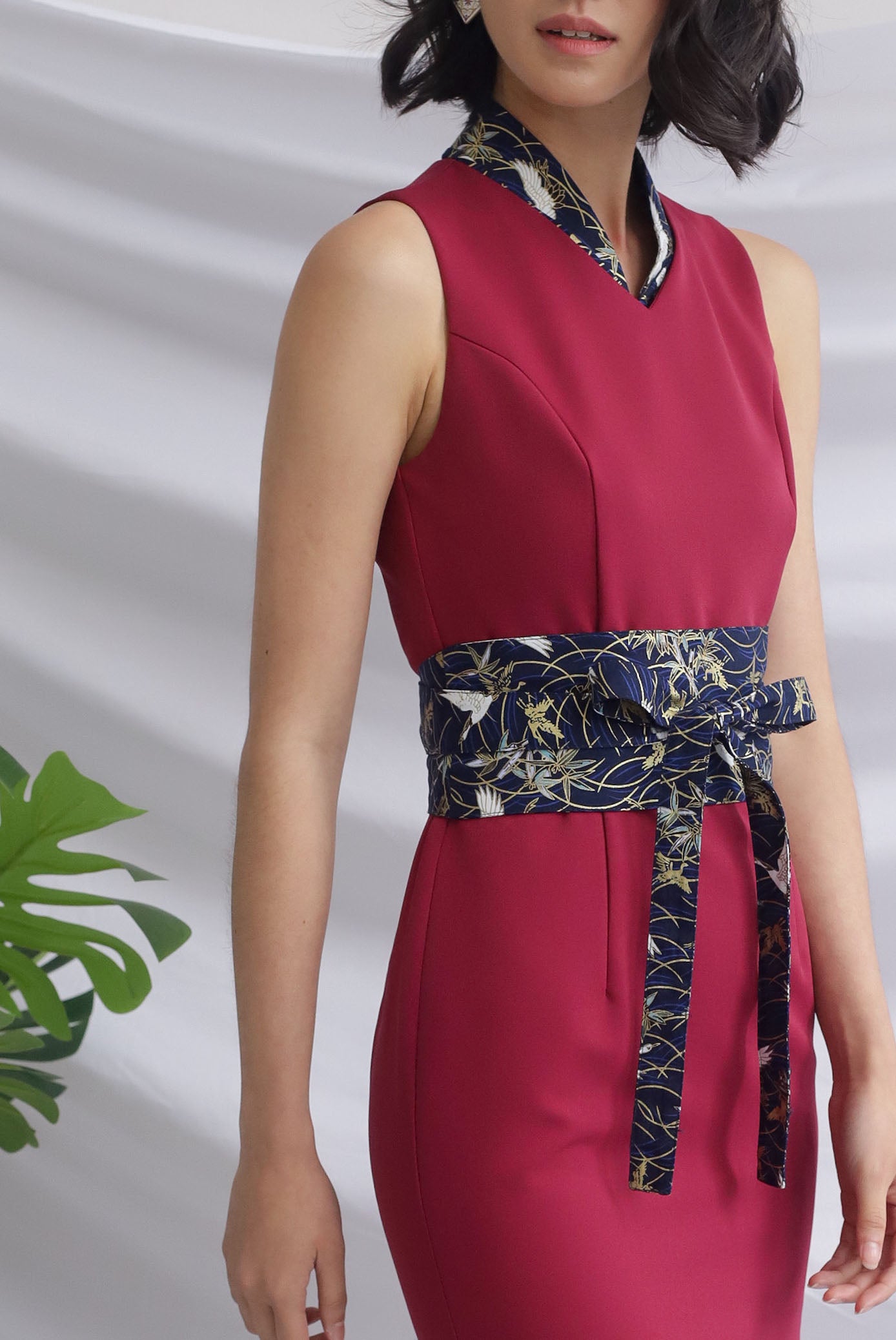 Premium Tulisa Removable Oriental Collar Obi Belt Dress In Wine Red