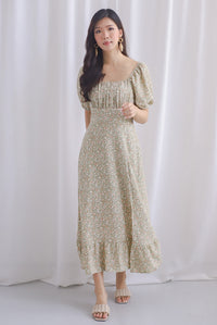 Vandelia Puffy Sleeve Ruched Maxi Dress In Sage Floral