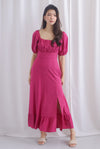 Vandelia Puffy Sleeve Ruched Maxi Dress In Hot Pink