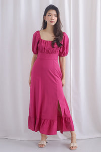 Vandelia Puffy Sleeve Ruched Maxi Dress In Hot Pink