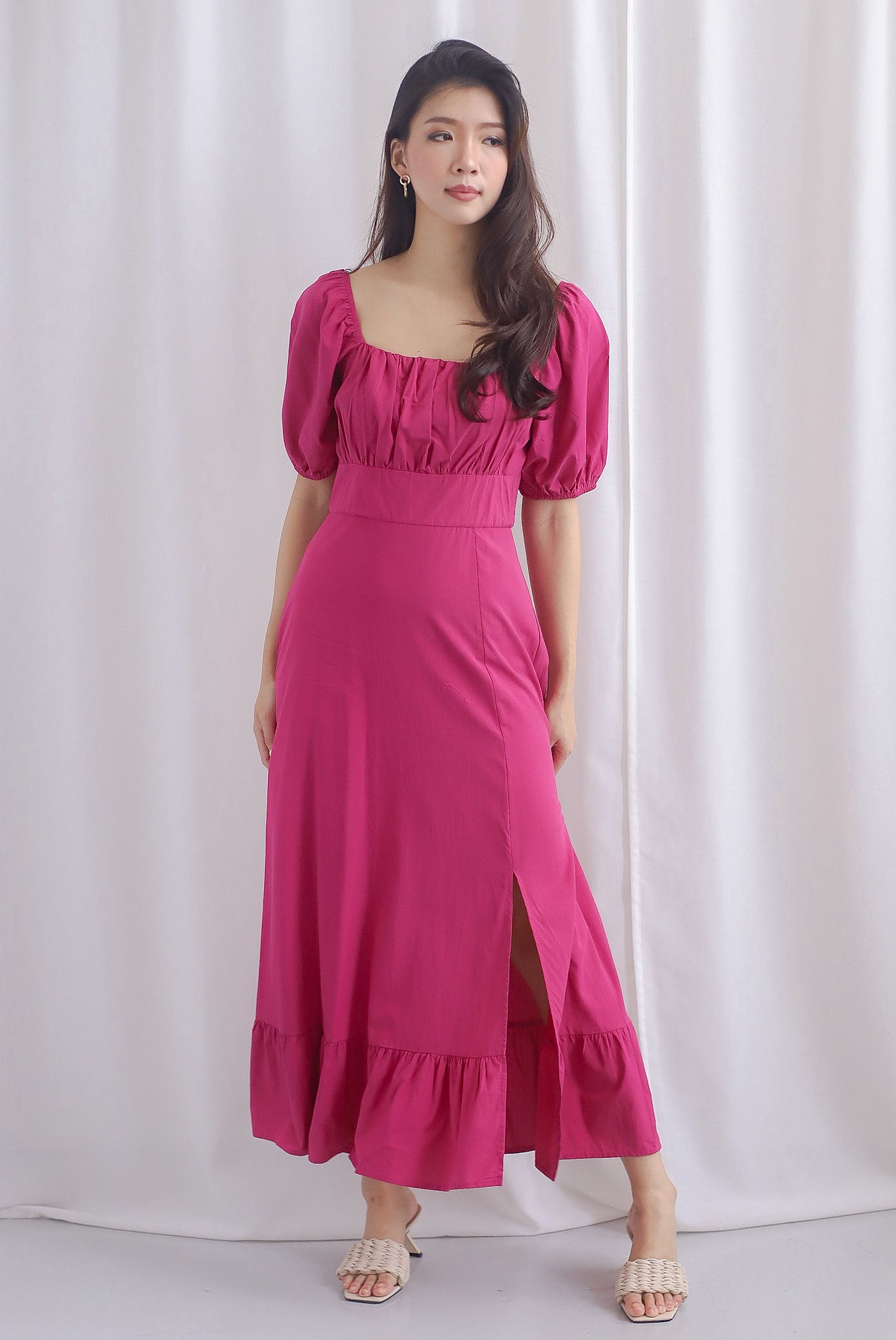 Vandelia Puffy Sleeve Ruched Maxi Dress In Hot Pink