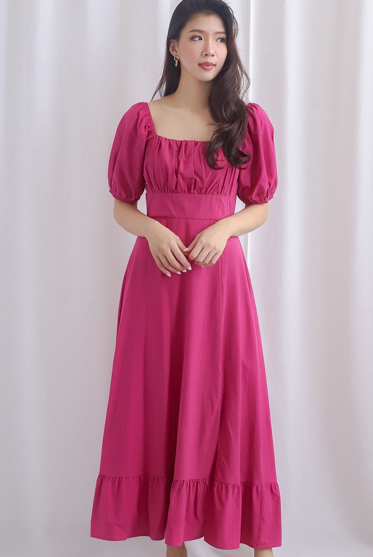 Vandelia Puffy Sleeve Ruched Maxi Dress In Hot Pink