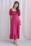 Vandelia Puffy Sleeve Ruched Maxi Dress In Hot Pink