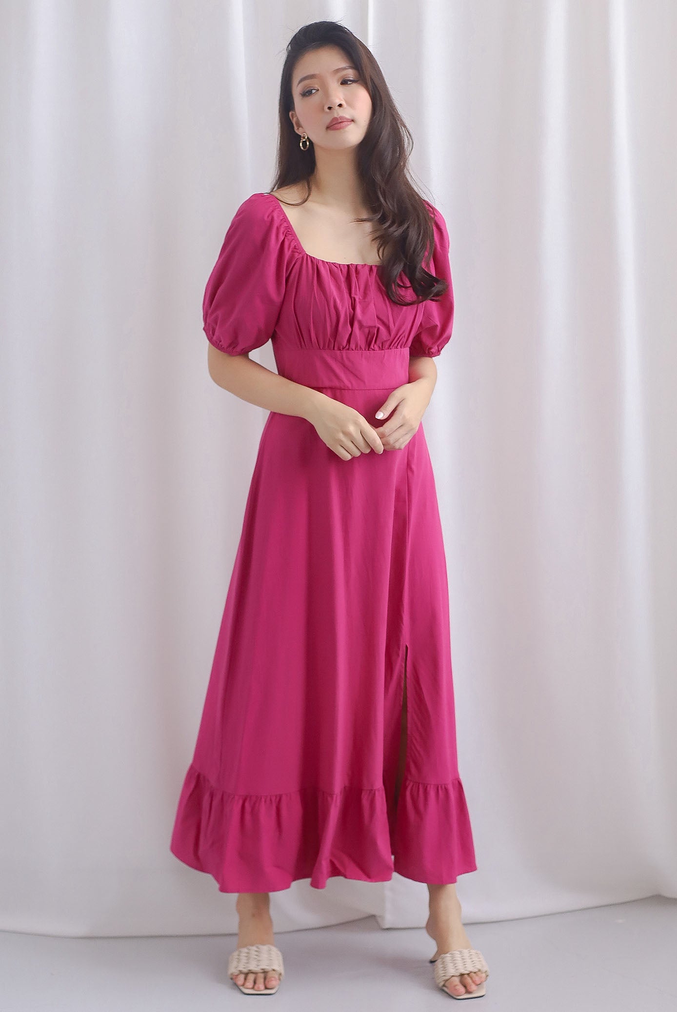 Vandelia Puffy Sleeve Ruched Maxi Dress In Hot Pink