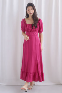 Vandelia Puffy Sleeve Ruched Maxi Dress In Hot Pink