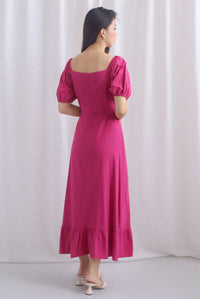 Vandelia Puffy Sleeve Ruched Maxi Dress In Hot Pink