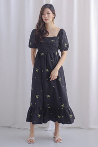 Wildseed Empire Ruched Front Embroidery Dress In Black