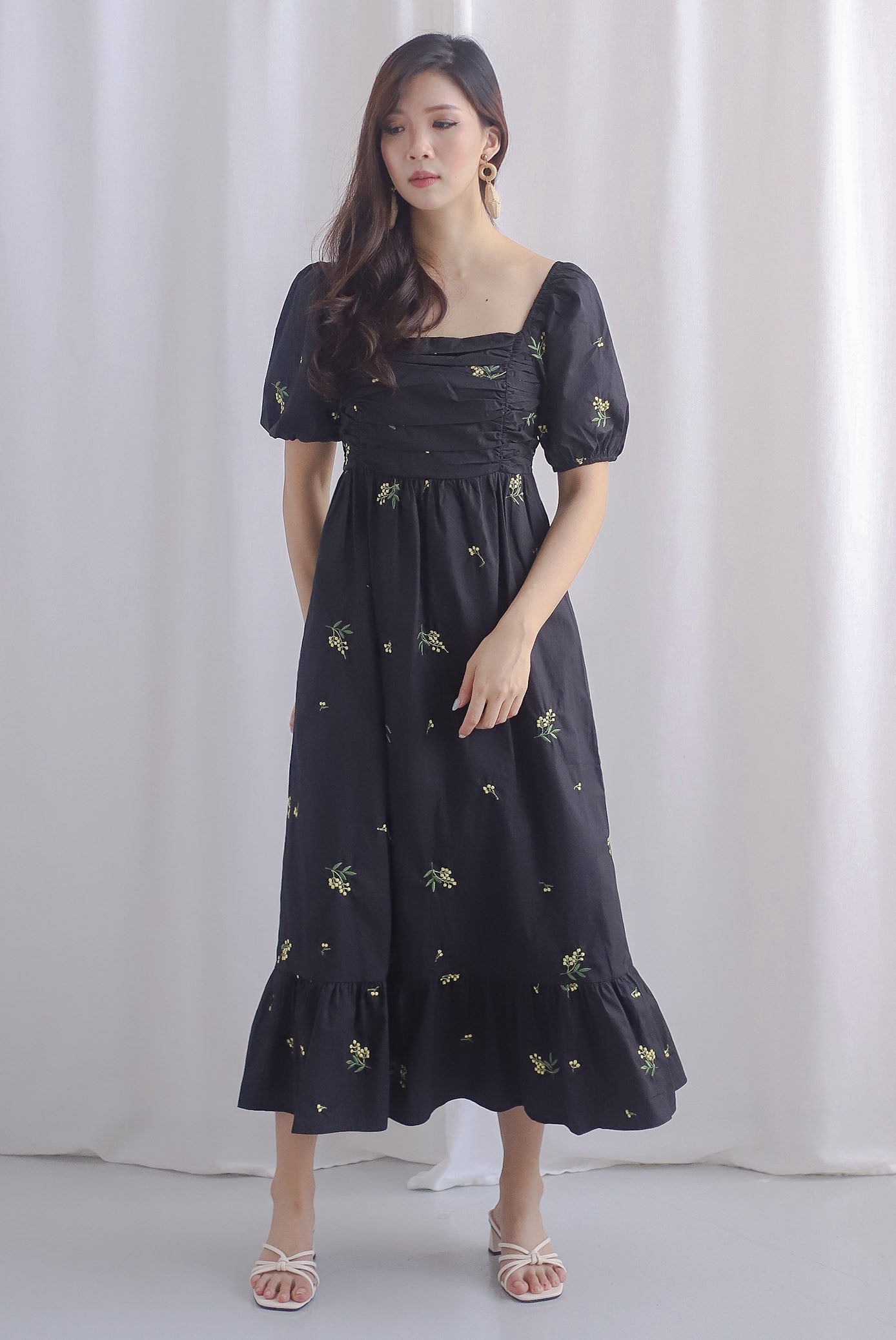 Wildseed Empire Ruched Front Embroidery Dress In Black