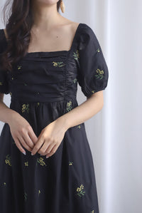 Wildseed Empire Ruched Front Embroidery Dress In Black
