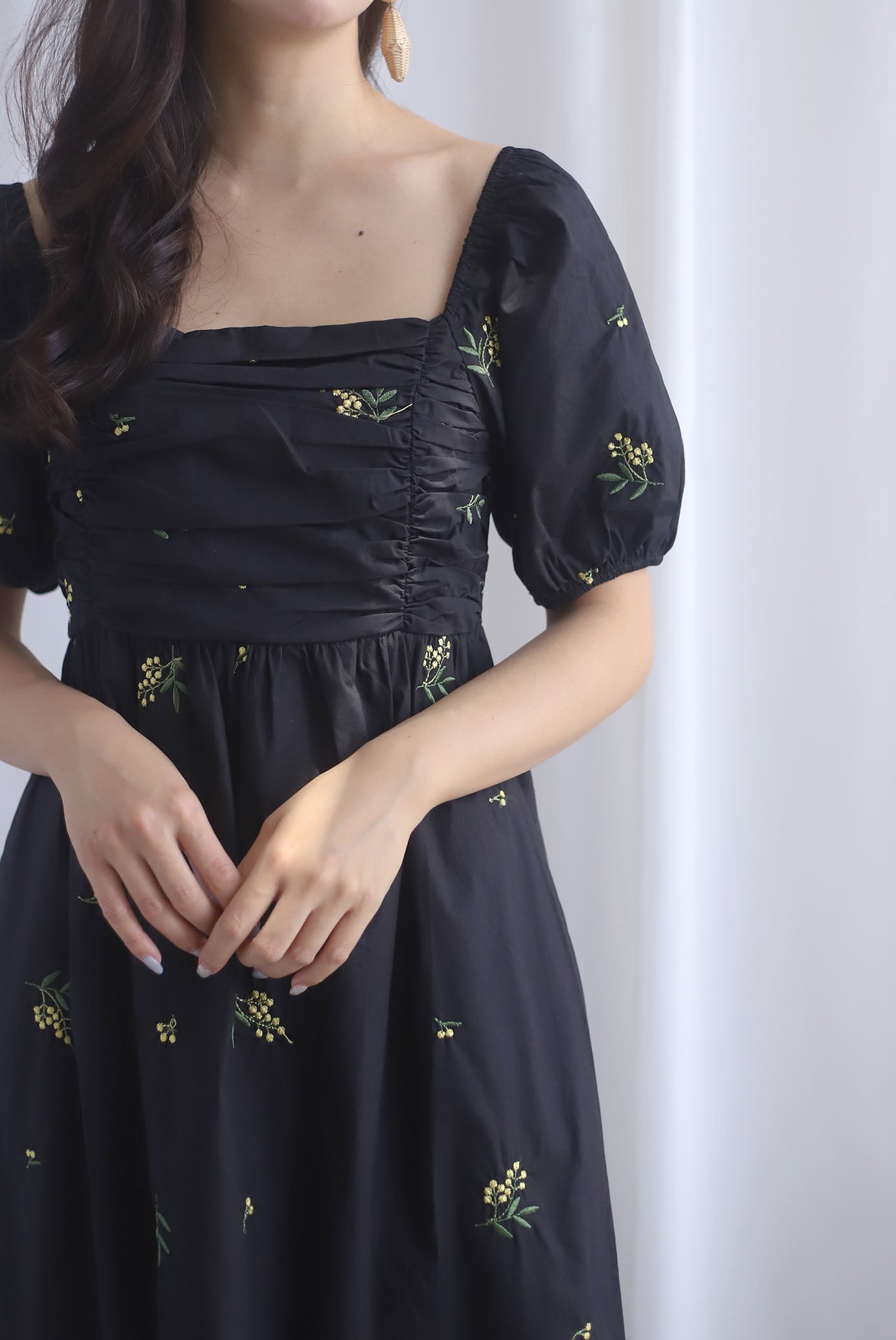 Wildseed Empire Ruched Front Embroidery Dress In Black