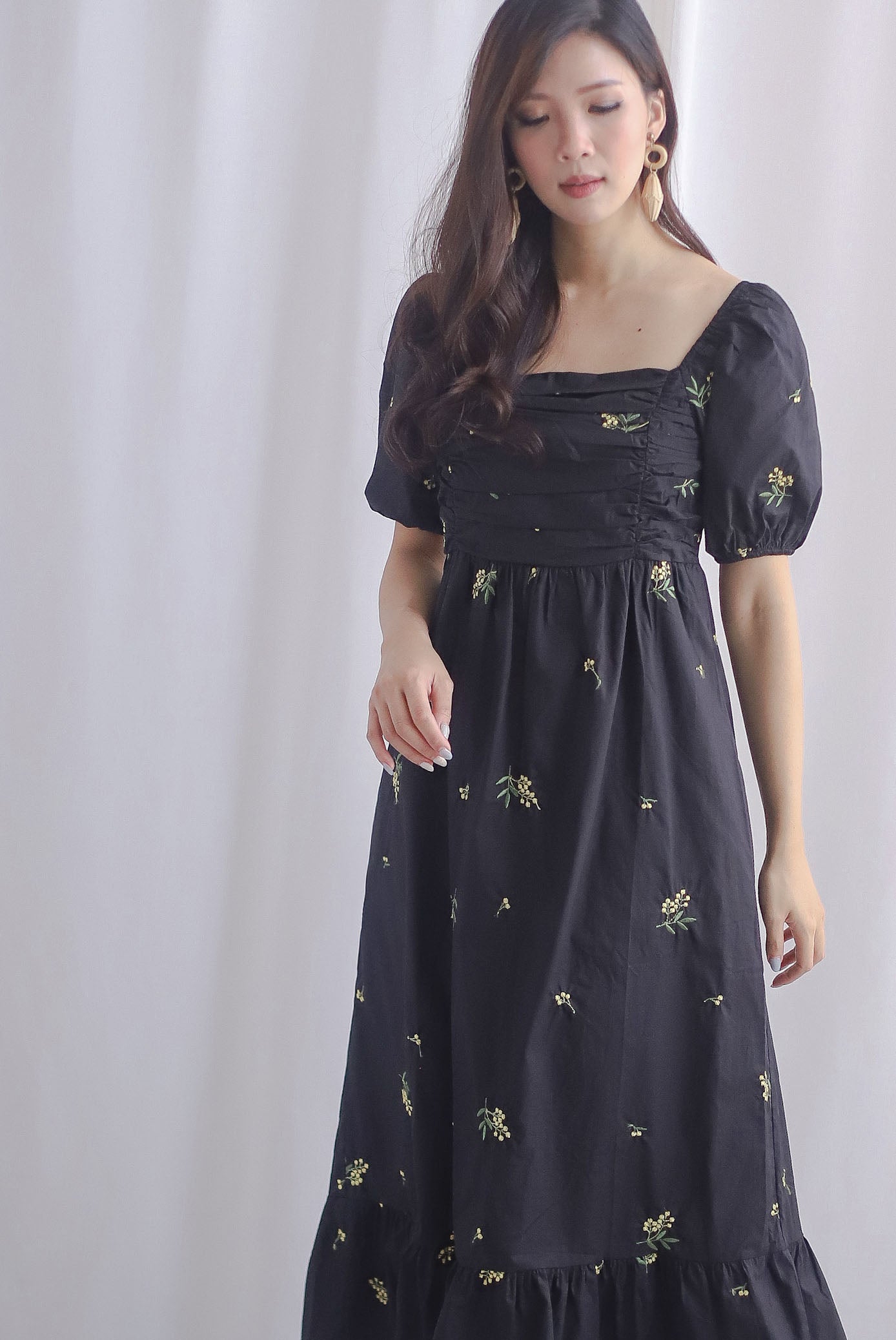 Wildseed Empire Ruched Front Embroidery Dress In Black