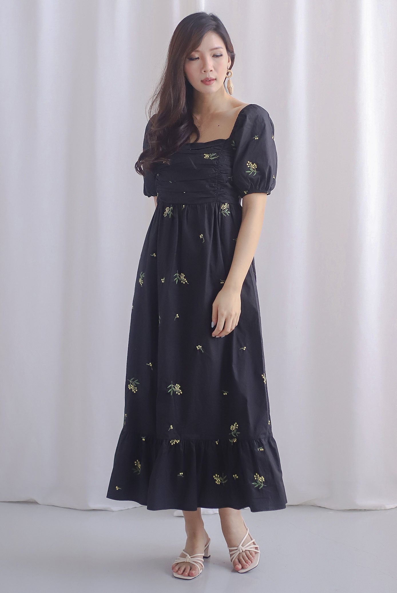 Wildseed Empire Ruched Front Embroidery Dress In Black