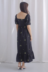 Wildseed Empire Ruched Front Embroidery Dress In Black