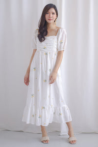 Wildseed Empire Ruched Front Embroidery Dress In White