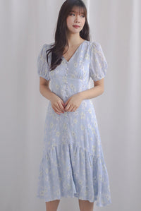 Wioleta Floral Puffy Sleeve Buttons Midi Dress In Blue