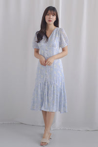 Wioleta Floral Puffy Sleeve Buttons Midi Dress In Blue