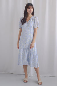 Wioleta Floral Puffy Sleeve Buttons Midi Dress In Blue