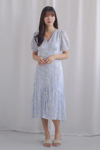 Wioleta Floral Puffy Sleeve Buttons Midi Dress In Blue