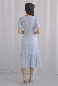 Wioleta Floral Puffy Sleeve Buttons Midi Dress In Blue