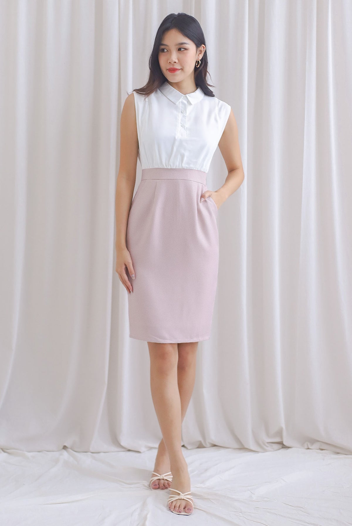 Wren Detachable Peplum Belt Work Dress In White/Pink