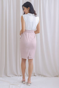 Wren Detachable Peplum Belt Work Dress In White/Pink