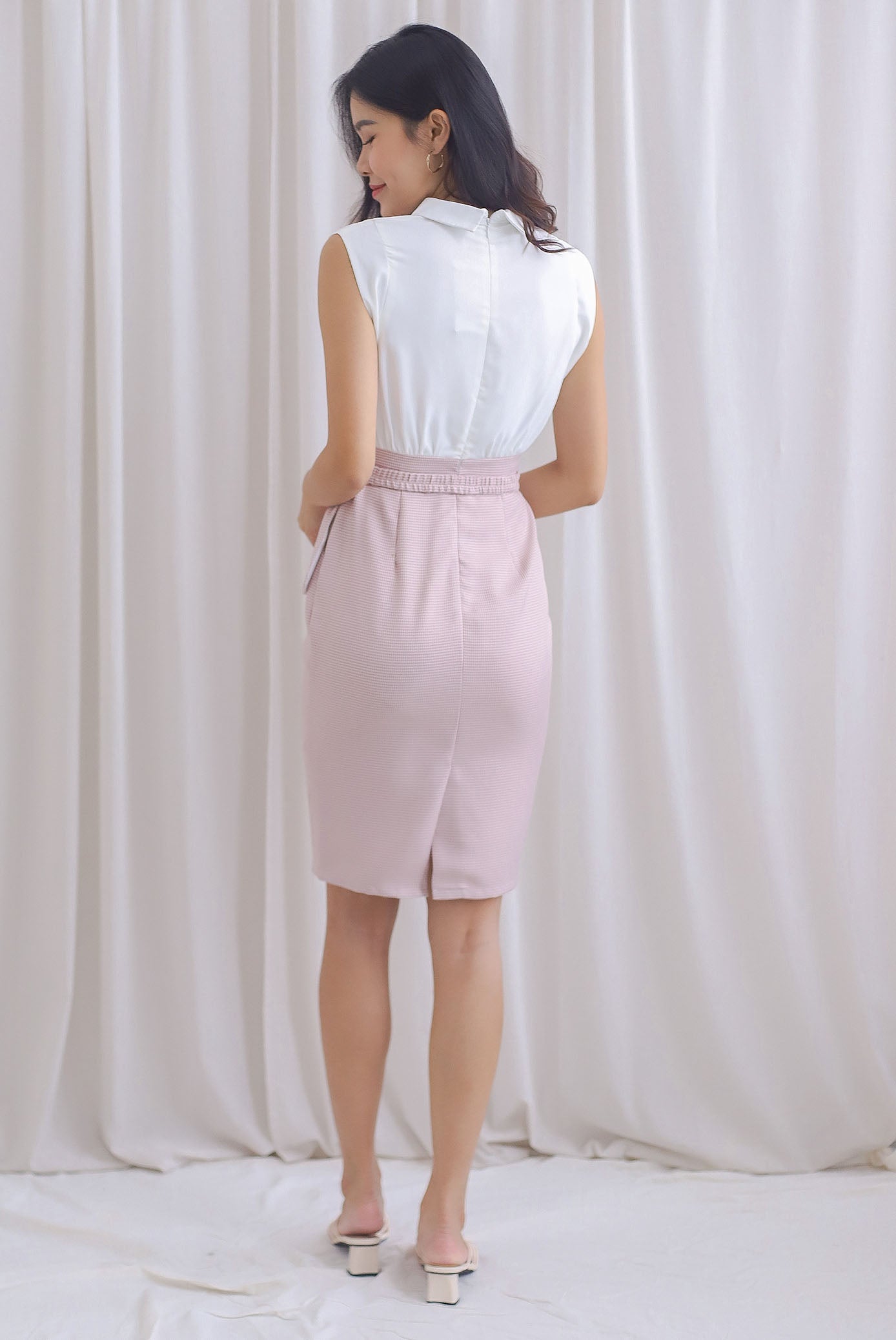 Wren Detachable Peplum Belt Work Dress In White/Pink