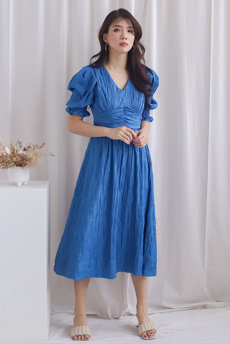 Zanessa Ruch Waist Textured Dress In Cobalt Blue