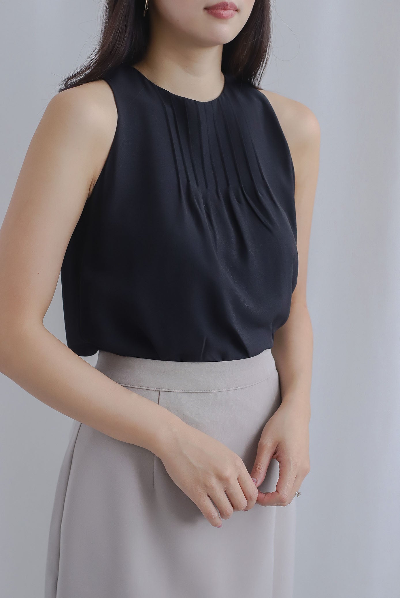 Zaya Pleat Neckline Top In Black