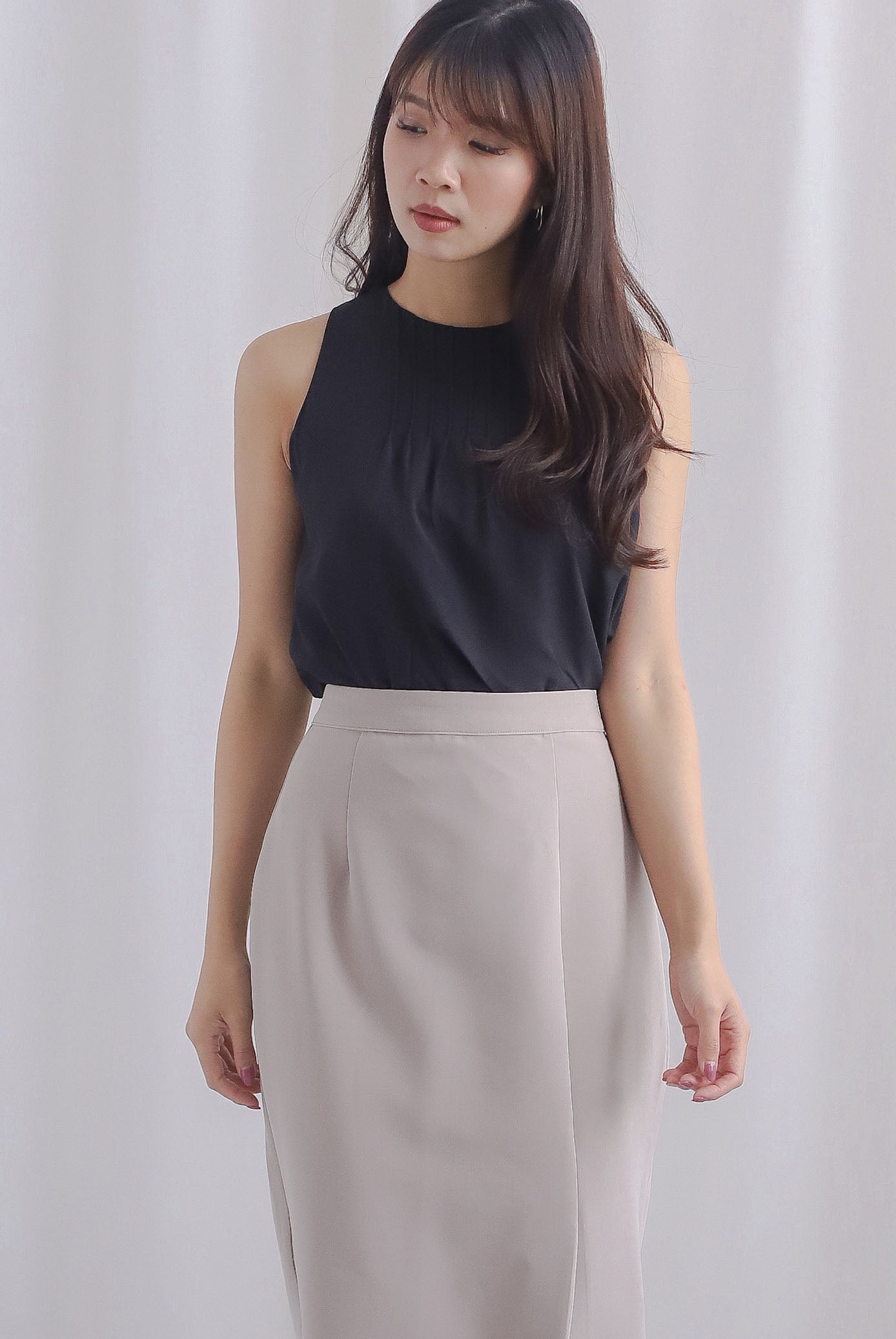 Zaya Pleat Neckline Top In Black